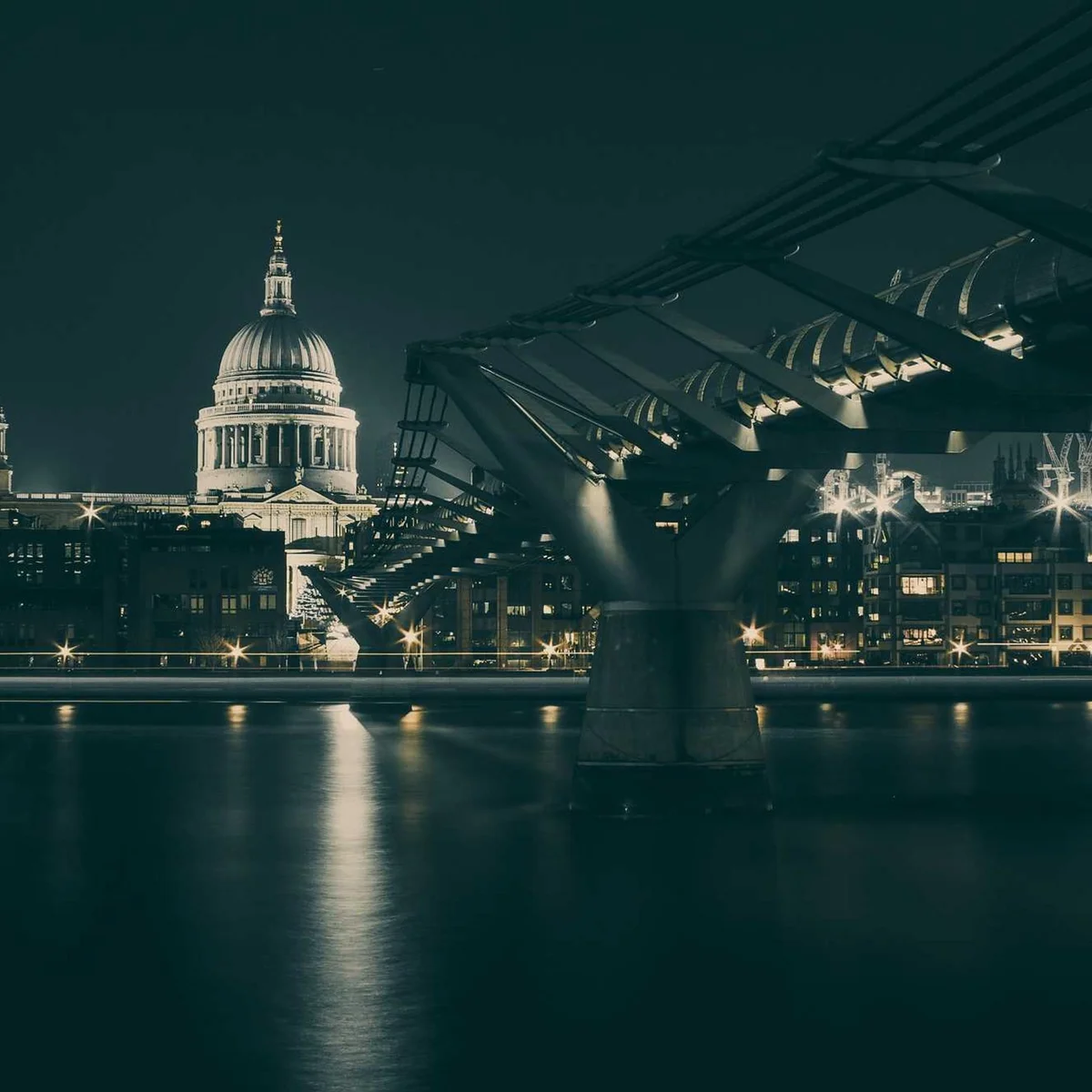 London St Pauls Cathedral Night Photography St Paul's Cathedral and Millennium Bridge illuminated at night across River Thames in London