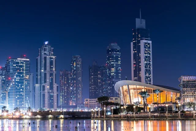 Abras Dubai skyline at evening photo